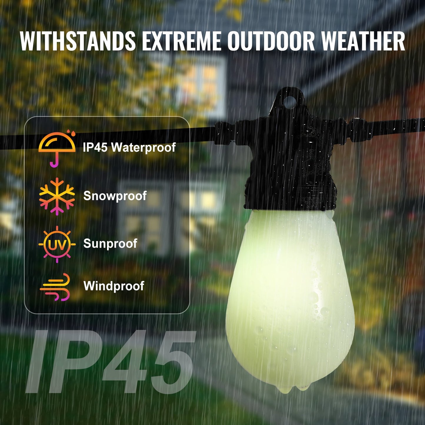 RGB Outdoor String Lights, 50FT, Outside Patio Lights with APP Control 15 Bulbs, 15 Single-Color Adjustable Brightness Time Setting, Waterproof Hanging Lights for Halloween Decorations Christmas