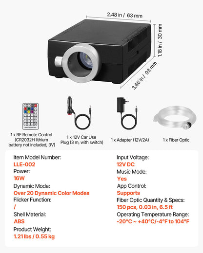 Starlight Headliner Kit, 150 pcs 0.03 in 6.5 ft, 16W Fiber Optic Star Ceiling Lights for Car, Bluetooth APP, Remote Control, Sound Activated, RGBW Light Engine, for Home Bed Room Decoration