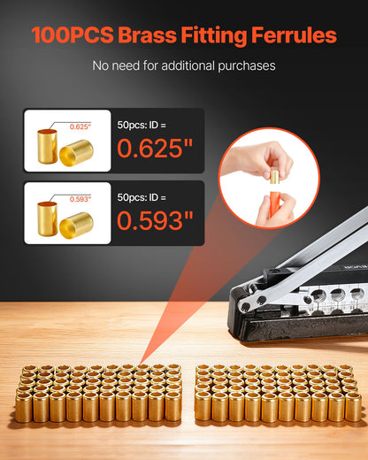 Heavy Duty Ferrule Hose Crimper, Standard Bench Hose Crimping Tool with 100pcs Ferrules (0.593" & 0.625" ID), 0.44"-0.63" Crimping Range for PVC, Rubber & Air Hoses, Torch Hoses Repair Kit