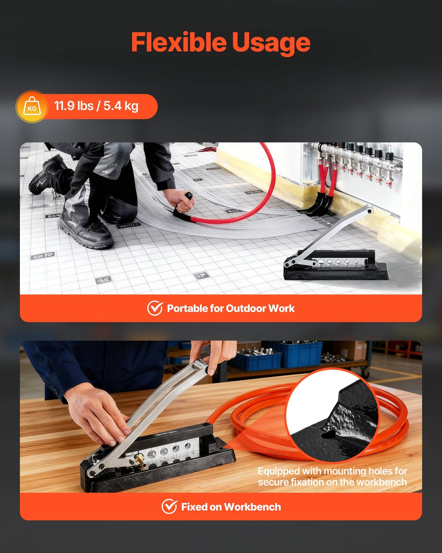 Heavy Duty Ferrule Hose Crimper, Standard Bench Hose Crimping Tool with 100pcs Ferrules (0.593" & 0.625" ID), 0.44"-0.63" Crimping Range for PVC, Rubber & Air Hoses, Torch Hoses Repair Kit