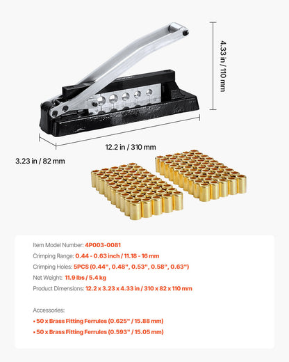 Heavy Duty Ferrule Hose Crimper, Standard Bench Hose Crimping Tool with 100pcs Ferrules (0.593" & 0.625" ID), 0.44"-0.63" Crimping Range for PVC, Rubber & Air Hoses, Torch Hoses Repair Kit
