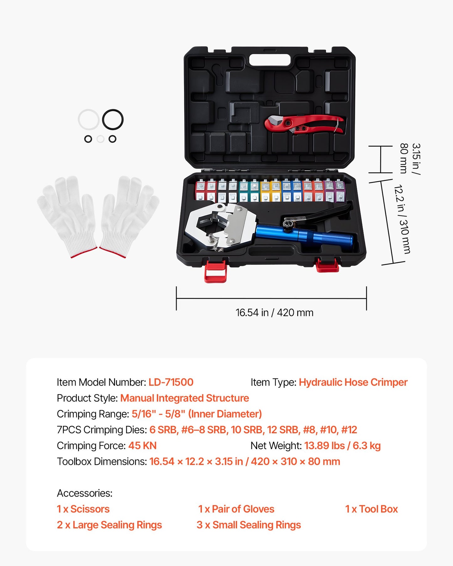 Hydraulic Hose Crimper, Hydra-Krimp AC Hose Crimper Kit with 7 Dies Snap-On, Integral Manual Hydraulic A/C Hoses Crimping Tool for Automotive & Air Conditioning Repair - with Carrying Case