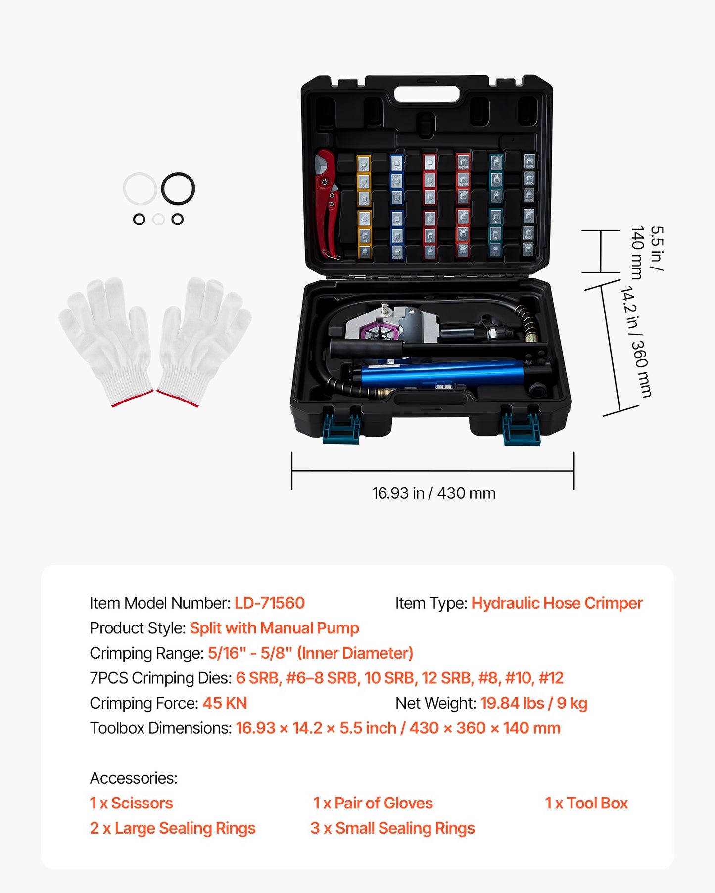 Hydraulic Hose Crimper, Hydra-Krimp AC Hose Crimper Kit with 7 Dies Snap-On & Carrying Case, Hydraulic A/C Hoses Crimping Tool for Automotive & Air Conditioning Repair (Split with Manual Pump)