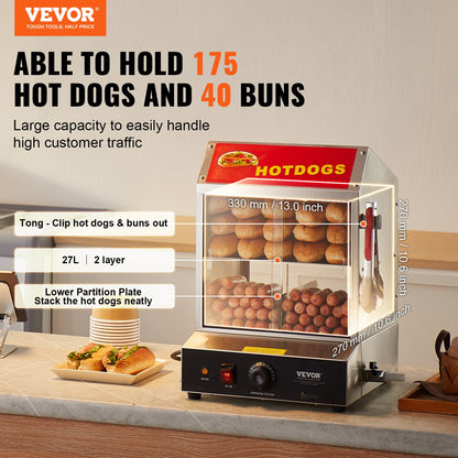 Commercial Hot Dog Steamer 2-Tier Electric Bun Warmer 27L Sliding Doors