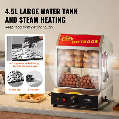 Commercial Hot Dog Steamer 2-Tier Electric Bun Warmer 27L Sliding Doors
