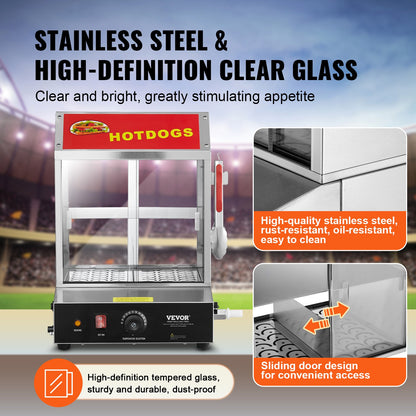 Commercial Hot Dog Steamer 2-Tier Electric Bun Warmer 27L Sliding Doors