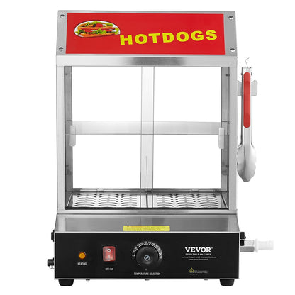 Commercial Hot Dog Steamer 2-Tier Electric Bun Warmer 27L Sliding Doors
