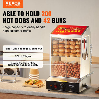 Commercial Hot Dog Steamer 2-Tier Electric Bun Warmer 39QT Slide Doors