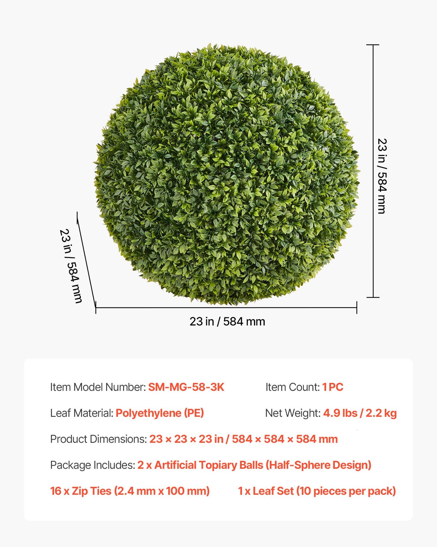 Artificial Topiary Ball, 23 inch Faux Boxwood Plant Balls, Fake Silk Tree Look Real, Easy Assembly for Decor Front Porch Outdoor Patio Garden Balcony Backyard and Indoor Home Wedding, Green