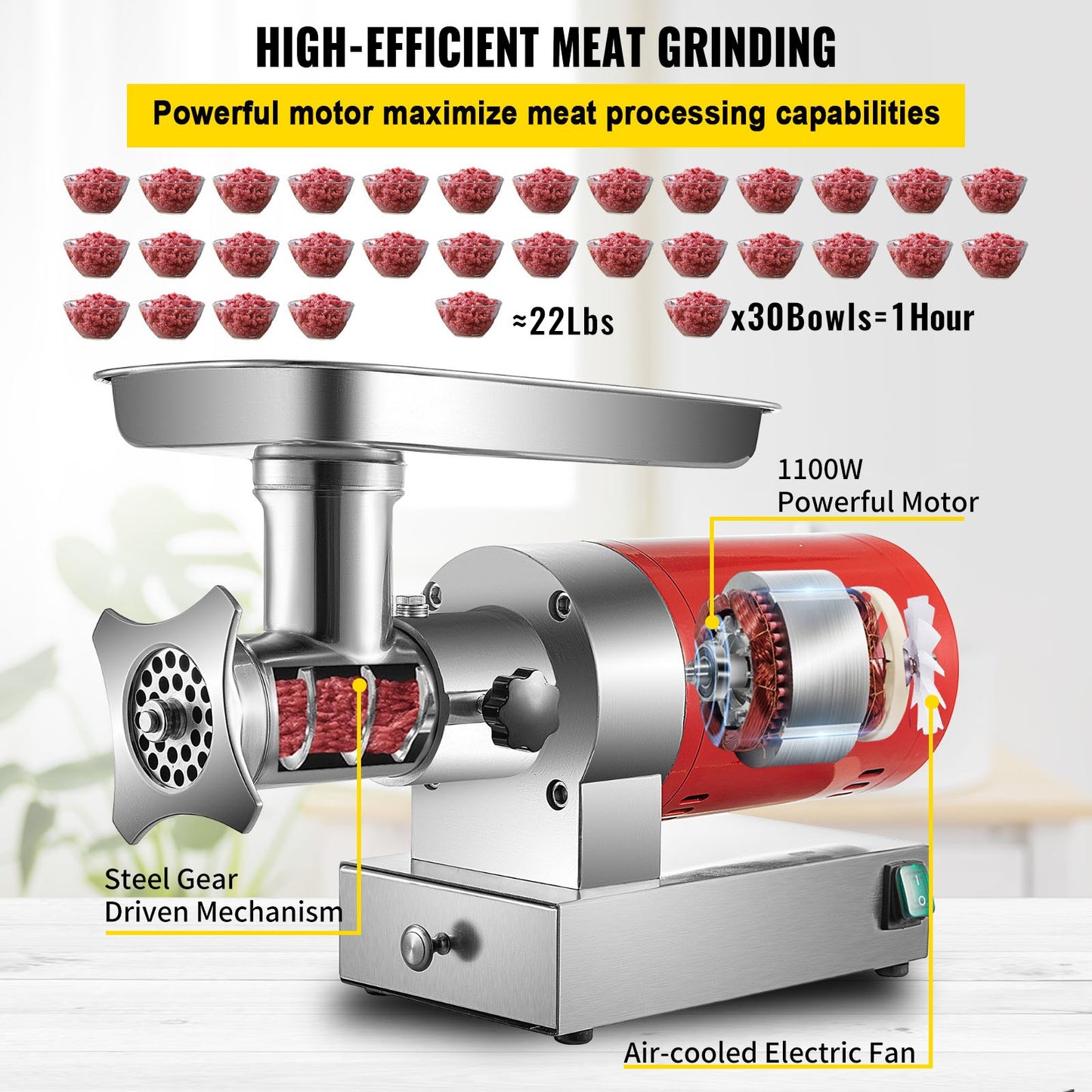 Electric Meat Grinder, 661 Lbs/Hour1100 W Meat Grinder Machine, 1.5 HP Electric Meat Mincer with 2 Grinding Plates, Sausage Kit Set Meat Grinder Heavy Duty, Home Kitchen & Commercial Use Red