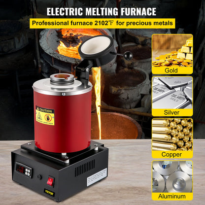 Electric Melting Furnace, 3KG Digital Electric Melting Furnace, 1750W 1150℃/2102℉ Gold Melting Furnace with Graphite Crucible and Ingot Mold for Processing Molten Gold, Silver, Copper, Aluminum