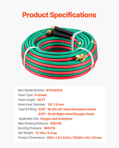 Oxygen Acetylene Hose, 1/4-Inch x 50FT Oxy Acetylene Hose with 9/16"-18 LH/RH B Fittings, R Grade Welding Torch Twin Hose with 300PSI Maximum Working Pressure for Cutting Soldering Brazing