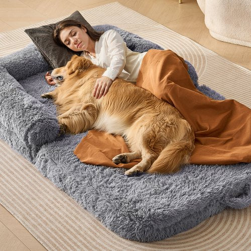 Human Dog Bed, 72" x48"x10" Giant Human Dog Bed for Adults and Pets, Human Size Dog Bed with Washable PV Velvet Cover, Egg Orthopedic Foam, Storage Pocket, for You and Pet, Grey