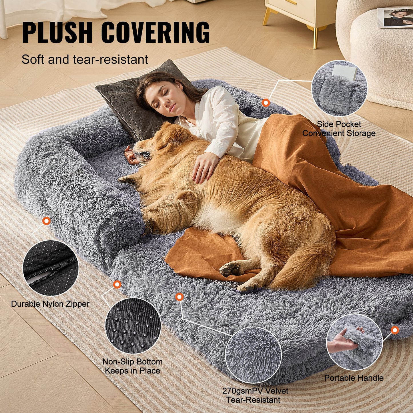 Human Dog Bed, 72" x48"x10" Giant Human Dog Bed for Adults and Pets, Human Size Dog Bed with Washable PV Velvet Cover, Egg Orthopedic Foam, Storage Pocket, for You and Pet, Grey