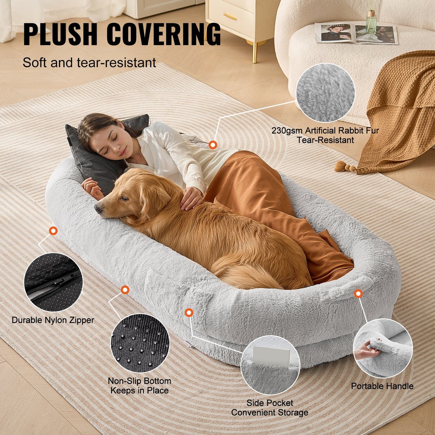 Human Dog Bed 68x35x10in Large Human Size Dog Bed Washable Faux Rabbit Fur