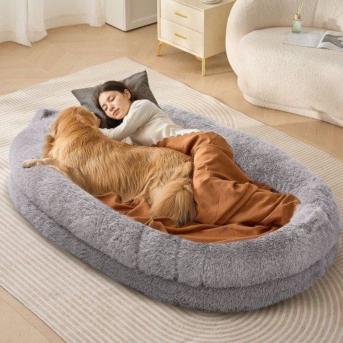 Human Dog Bed, 72" x48"x10" Giant Human Dog Bed for Adult, Human Size Dog Bed with Washable PV Velvet Cover, Egg Orthopedic Foam, Storage Pocket, Large Dog Bean Bed for You and Pet, Light Grey