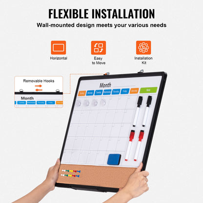 24"x 18" Monthly Calendar Whiteboard & Cork Board Combo with Aluminum Frame – 2-in-1 Magnetic Dry Erase Bulletin Board for Wall Mount – Ideal for School, Home, Office