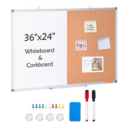 36"x 24" Whiteboard & Cork Board Combo with Aluminum Frame – 2-in-1 Magnetic Dry Erase Bulletin Board for Wall Mount – Ideal for School, Home, Office