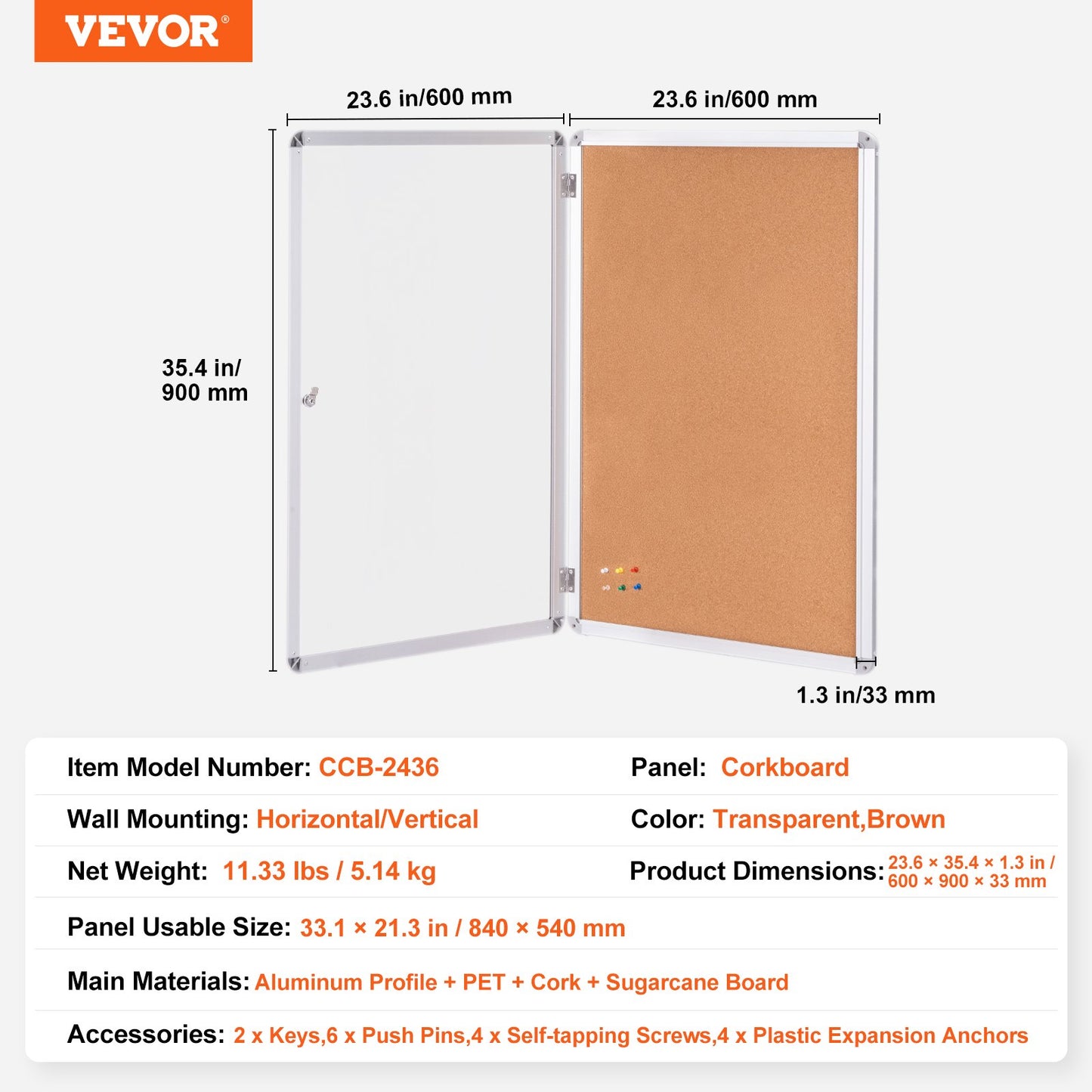 36"x24" geschlossene Korktafel mit Aluminiumrahmen, abschließbare Pinnwand