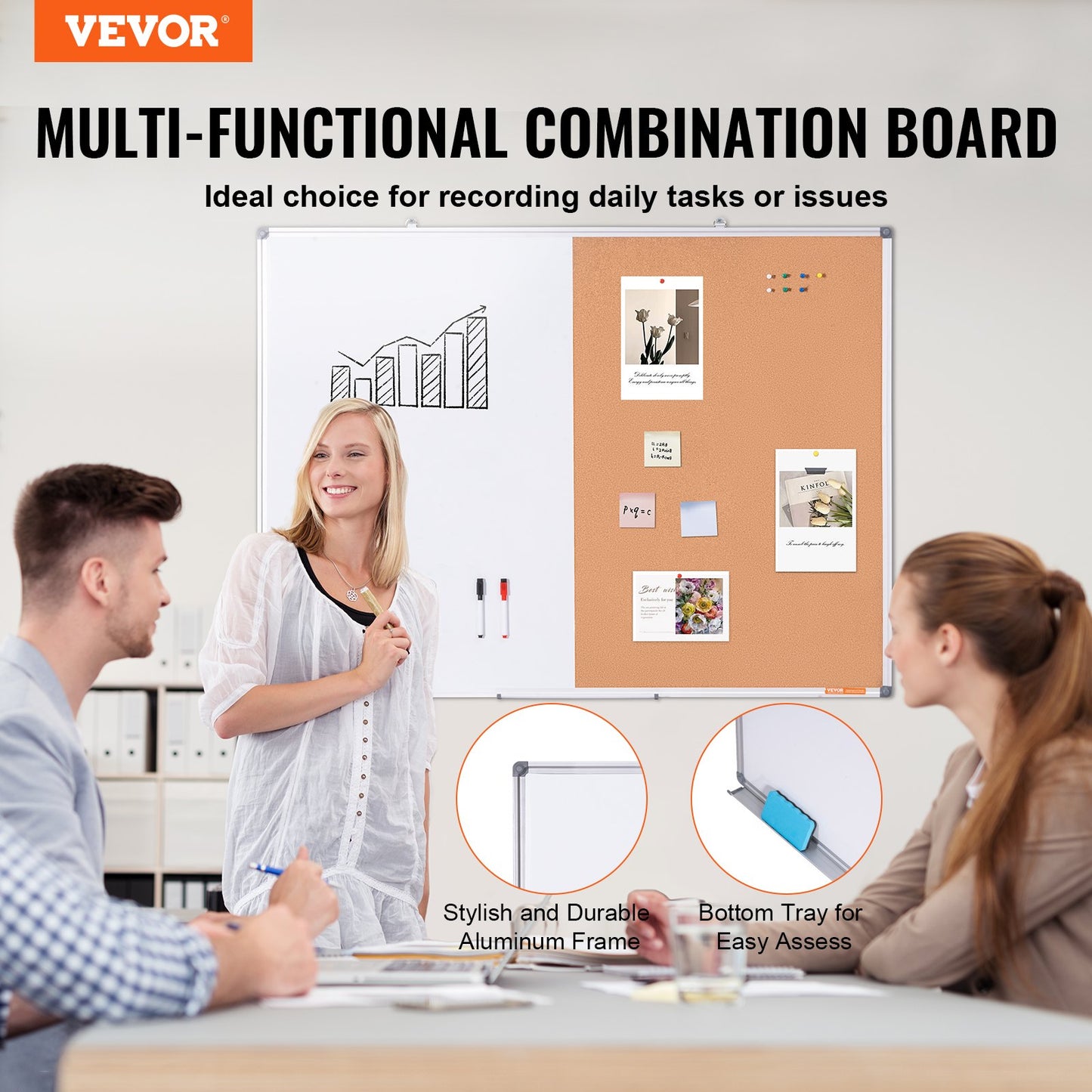 48" x 36" Whiteboard &amp; Korktafel-Kombination mit Aluminiumrahmen für Schulwohnheime