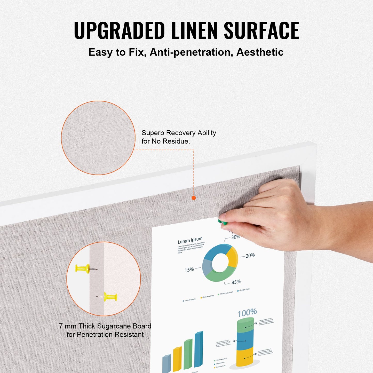 48"x36" White Cork Board with Linen Surface Wall-Mounted Bulletin Board