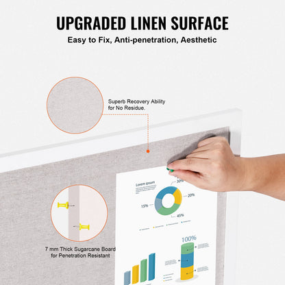 48"x36" White Cork Board with Linen Surface Wall-Mounted Bulletin Board