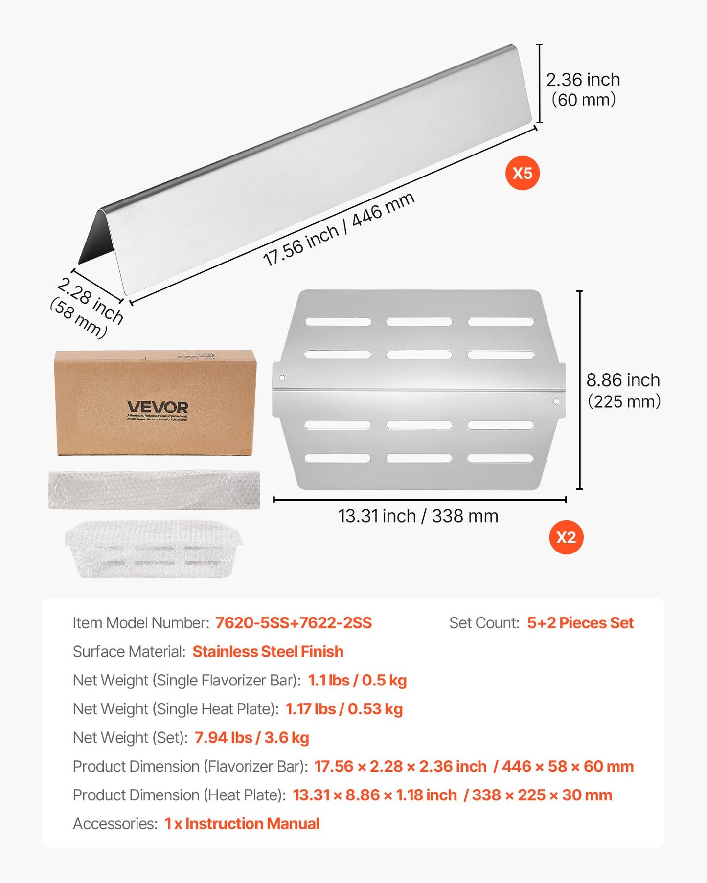 Flavorizer Bars and Heat Deflectors, 17 inch Grill Replacement Part, for Weber Genesis 300 Series Grills, Including E310 E320 E330 S310 S320 S330, Stainless Steel Thicker Heat Plate, 7 Pack
