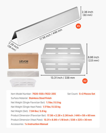 Flavorizer Bars and Heat Deflectors, 17 inch Grill Replacement Part, for Weber Genesis 300 Series Grills, Including E310 E320 E330 S310 S320 S330, Stainless Steel Thicker Heat Plate, 7 Pack