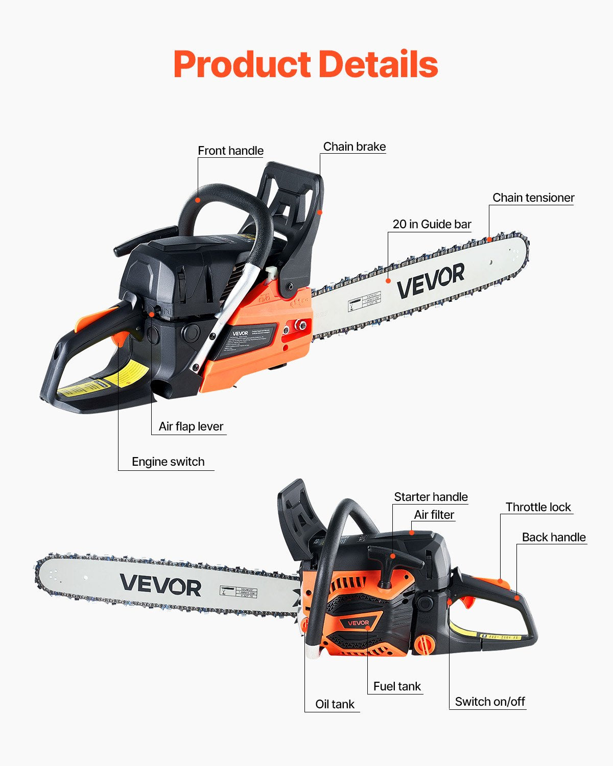 62 cc Gas Chainsaw, 20 inch Gas Powered Chainsaw, 3.8 HP Power Chain Saw with Non-Slip Handle, Gas-Powered Chainsaws with Dual Fuel Tanks, For Wood Cutting, Tree Trimming, and Land Clearing