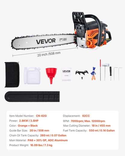 62 cc Gas Chainsaw, 20 inch Gas Powered Chainsaw, 3.8 HP Power Chain Saw with Non-Slip Handle, Gas-Powered Chainsaws with Dual Fuel Tanks, For Wood Cutting, Tree Trimming, and Land Clearing