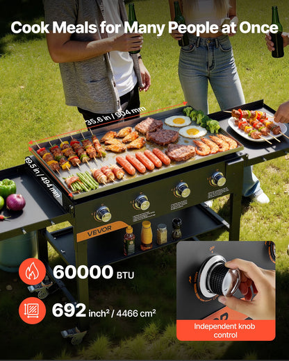Gas Griddle, 4-Burner Flat Top Grill, 36 inch Grill Plate Foldable Propane Griddle with Wheels, 60000 BTU Outdoor Flat Top Grills for Pan-Frying, Grilling, Stir-Frying, & BBQ, Pulse Ignition