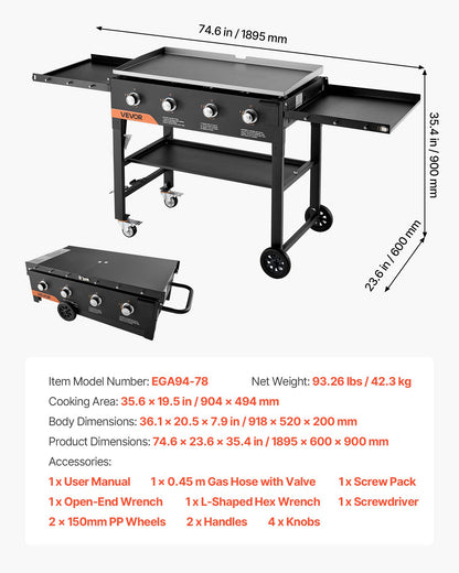 Gas Griddle, 4-Burner Flat Top Grill, 36 inch Grill Plate Foldable Propane Griddle with Wheels, 60000 BTU Outdoor Flat Top Grills for Pan-Frying, Grilling, Stir-Frying, & BBQ, Pulse Ignition