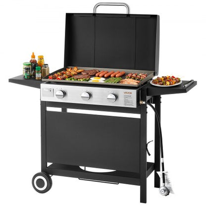Gas Griddle, 3-Burner Flat Top Grill, Propane Griddle with Wheels, Lid, 3 x 11000 BTU Outdoor Flat Top Grills for Pan-Frying, Grilling, Stir-Frying, & BBQ, Pulse Ignition, Removable Top Design