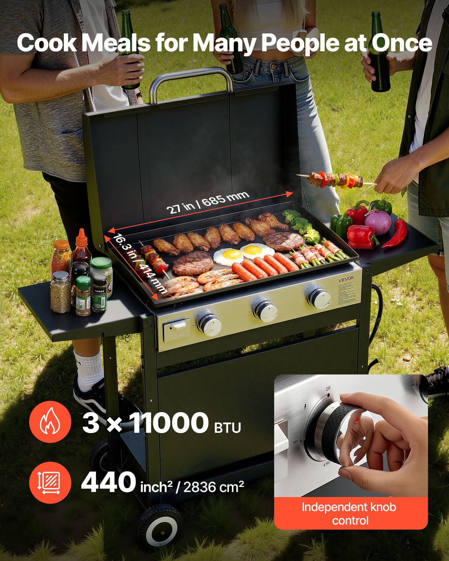 Gas Griddle, 3-Burner Flat Top Grill, Propane Griddle with Wheels, Lid, 3 x 11000 BTU Outdoor Flat Top Grills for Pan-Frying, Grilling, Stir-Frying, & BBQ, Pulse Ignition, Removable Top Design