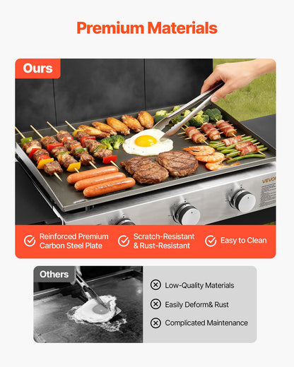 Gas Griddle, 3-Burner Flat Top Grill, Propane Griddle with Wheels, Lid, 3 x 11000 BTU Outdoor Flat Top Grills for Pan-Frying, Grilling, Stir-Frying, & BBQ, Pulse Ignition, Removable Top Design