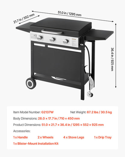 Gas Griddle, 3-Burner Flat Top Grill, Propane Griddle with Wheels, Lid, 3 x 11000 BTU Outdoor Flat Top Grills for Pan-Frying, Grilling, Stir-Frying, & BBQ, Pulse Ignition, Removable Top Design