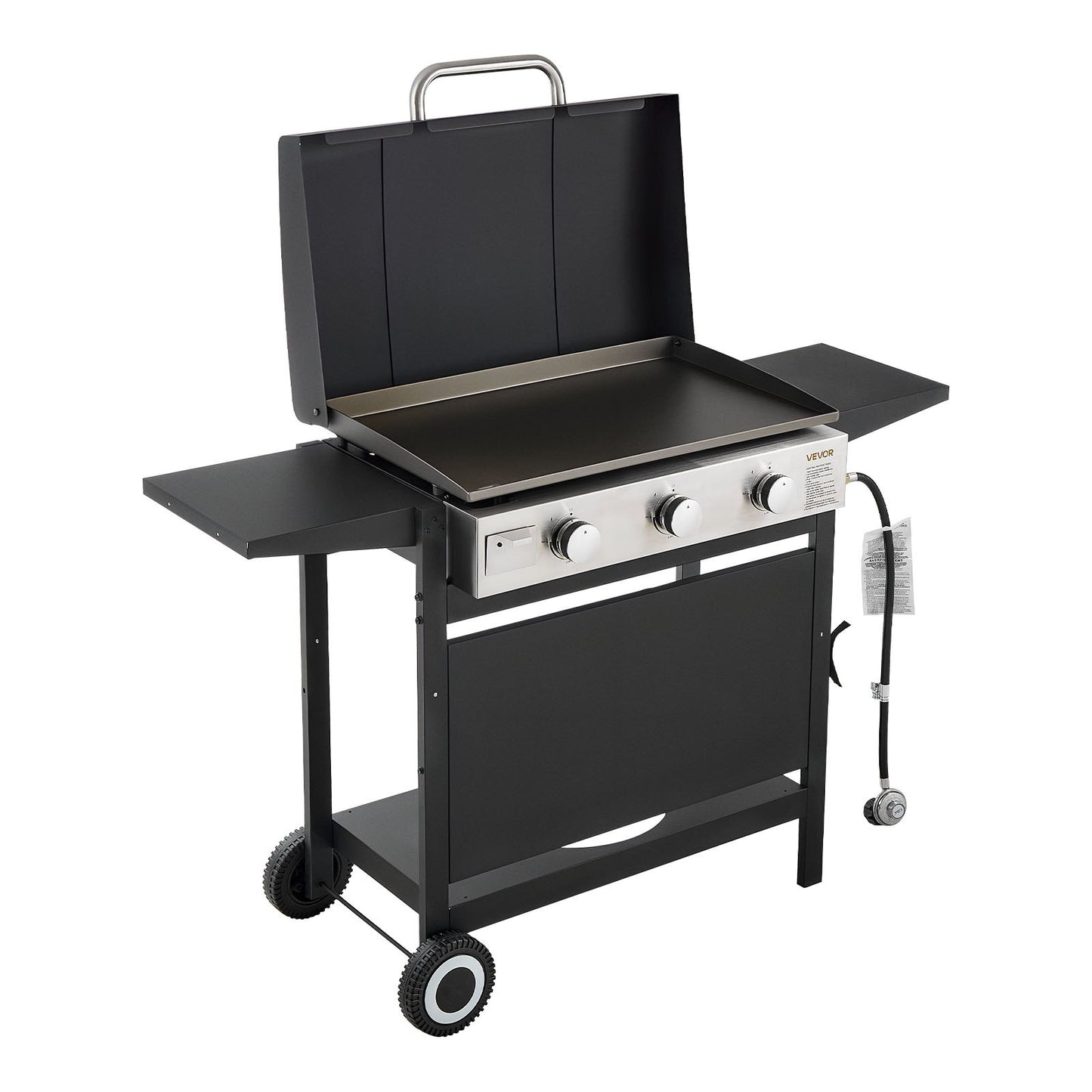 Gas Griddle, 3-Burner Flat Top Grill, Propane Griddle with Wheels, Lid, 3 x 11000 BTU Outdoor Flat Top Grills for Pan-Frying, Grilling, Stir-Frying, & BBQ, Pulse Ignition, Removable Top Design