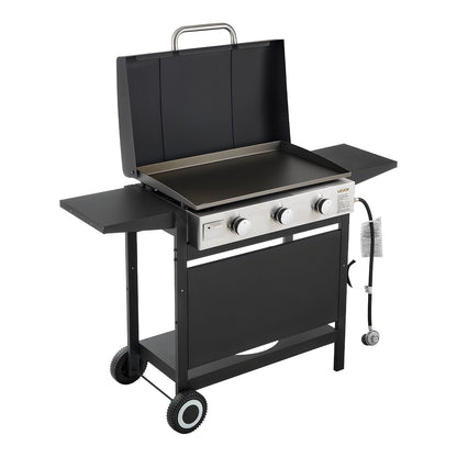 Gas Griddle, 3-Burner Flat Top Grill, Propane Griddle with Wheels, Lid, 3 x 11000 BTU Outdoor Flat Top Grills for Pan-Frying, Grilling, Stir-Frying, & BBQ, Pulse Ignition, Removable Top Design