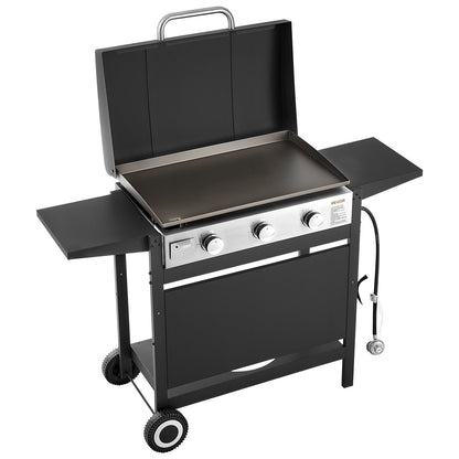 Gas Griddle, 3-Burner Flat Top Grill, Propane Griddle with Wheels, Lid, 3 x 11000 BTU Outdoor Flat Top Grills for Pan-Frying, Grilling, Stir-Frying, & BBQ, Pulse Ignition, Removable Top Design