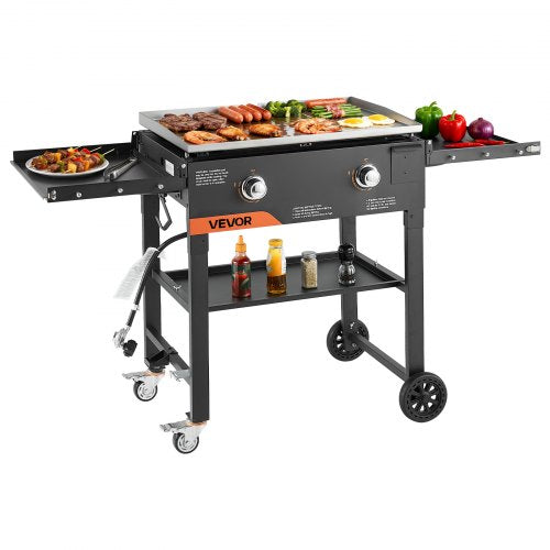 Gas Griddle, 2-Burner Flat Top Grill, 28 inch Grill Plate Foldable Propane Griddle with Wheels, 30000 BTU Outdoor Flat Top Grills for Pan-Frying, Grilling, Stir-Frying, & BBQ, Pulse Ignition