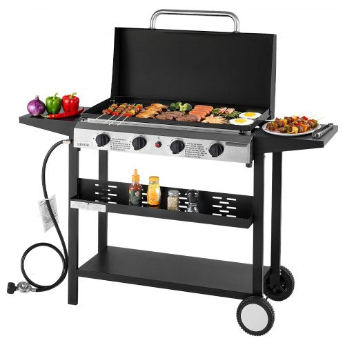 Gas Griddle, 4-Burner Flat Top Grill, 29 inch Grill Plate Propane Griddle with Wheels, Lid, 28000 BTU Outdoor Flat Top Grills for Pan-Frying, Grilling, Stir-Frying, & BBQ, Pulse Ignition