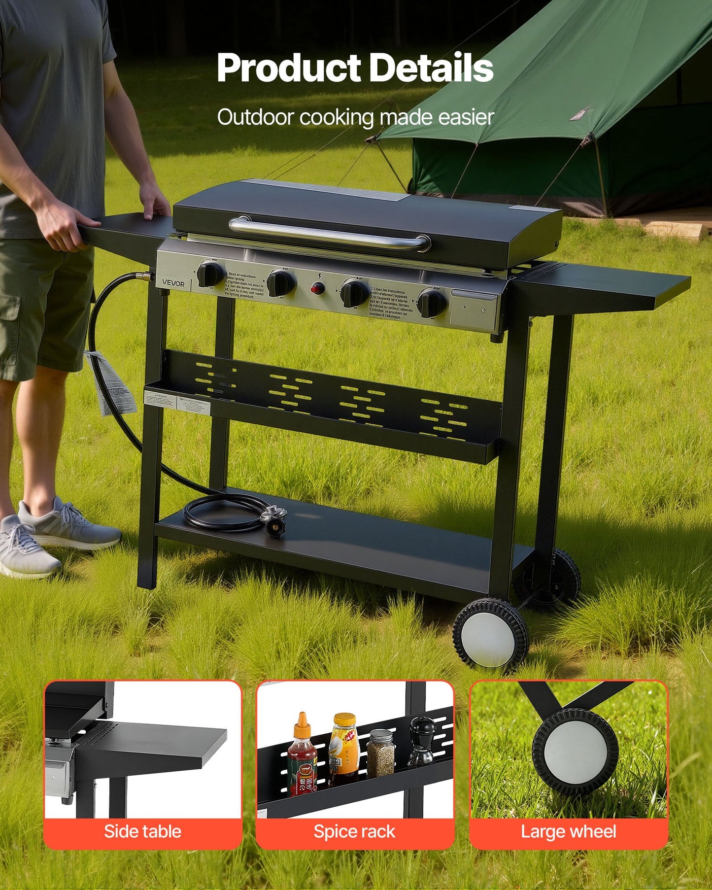 Gas Griddle, 4-Burner Flat Top Grill, 29 inch Grill Plate Propane Griddle with Wheels, Lid, 28000 BTU Outdoor Flat Top Grills for Pan-Frying, Grilling, Stir-Frying, & BBQ, Pulse Ignition