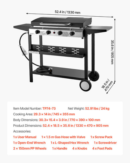 Gas Griddle, 4-Burner Flat Top Grill, 29 inch Grill Plate Propane Griddle with Wheels, Lid, 28000 BTU Outdoor Flat Top Grills for Pan-Frying, Grilling, Stir-Frying, & BBQ, Pulse Ignition