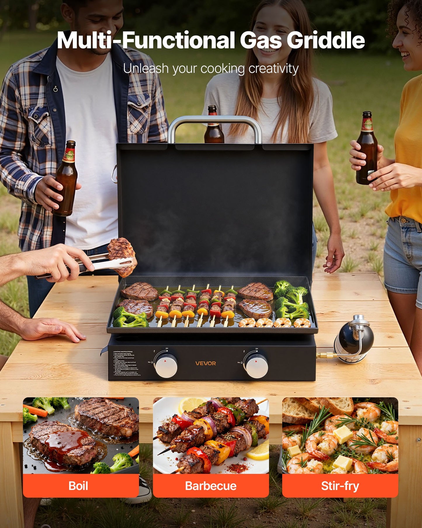 Gas Griddle, 2 Burner Tabletop Griddle, 22 inch Portable Griddles Propane with Lid, Oil Drain Hole & Oil Collection Tray, 2 x 11000BTU Camping Flat Top Grill for Outdoor Cooking, Tailgating