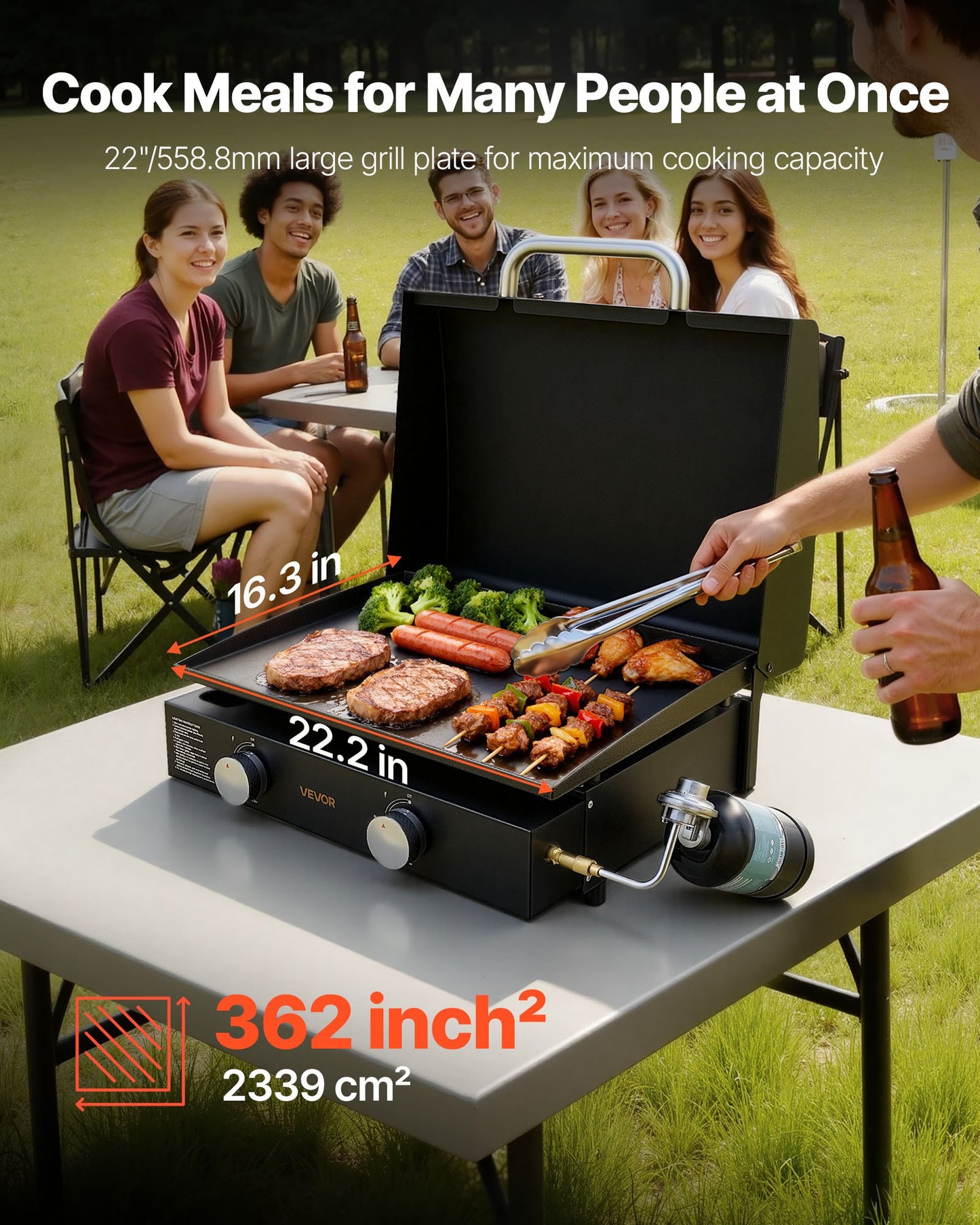 Gas Griddle, 2 Burner Tabletop Griddle, 22 inch Portable Griddles Propane with Lid, Oil Drain Hole & Oil Collection Tray, 2 x 11000BTU Camping Flat Top Grill for Outdoor Cooking, Tailgating