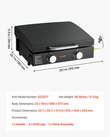Gas Griddle, 2 Burner Tabletop Griddle, 22 inch Portable Griddles Propane with Lid, Oil Drain Hole & Oil Collection Tray, 2 x 11000BTU Camping Flat Top Grill for Outdoor Cooking, Tailgating