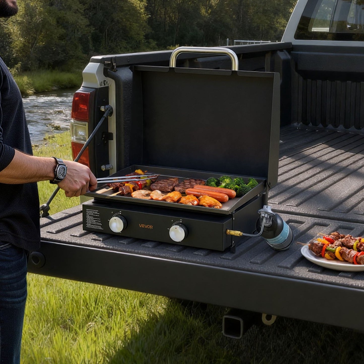 Gas Griddle, 2 Burner Tabletop Griddle, 22 inch Portable Griddles Propane with Lid, Oil Drain Hole & Oil Collection Tray, 2 x 11000BTU Camping Flat Top Grill for Outdoor Cooking, Tailgating