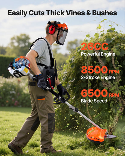Gas Hedge Trimmer, 2 Cycle Gas Power Handheld Trimmer, 6-in-1 26cc Weed Eater with Extension Pole & Protective Gear Set, Includes Hedge & String Trimmer, Brush Cutter(3T & 40T), Edger, Pole Saw