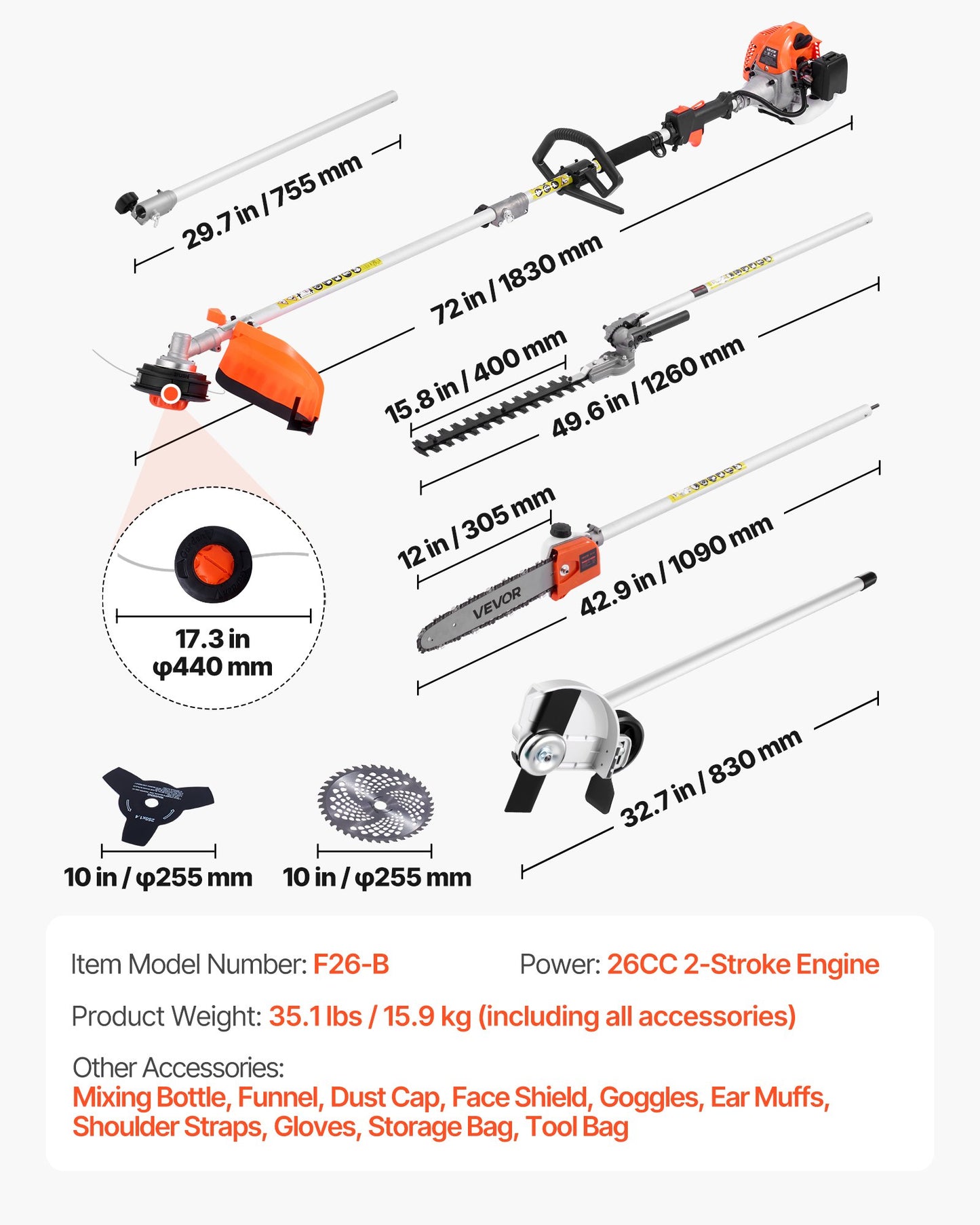 Gas Hedge Trimmer, 2 Cycle Gas Power Handheld Trimmer, 6-in-1 26cc Weed Eater with Extension Pole & Protective Gear Set, Includes Hedge & String Trimmer, Brush Cutter(3T & 40T), Edger, Pole Saw