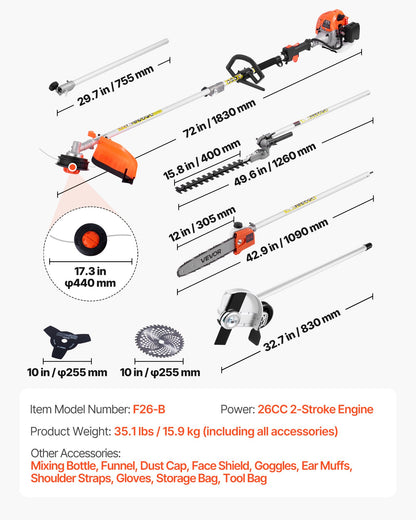 Gas Hedge Trimmer, 2 Cycle Gas Power Handheld Trimmer, 6-in-1 26cc Weed Eater with Extension Pole & Protective Gear Set, Includes Hedge & String Trimmer, Brush Cutter(3T & 40T), Edger, Pole Saw